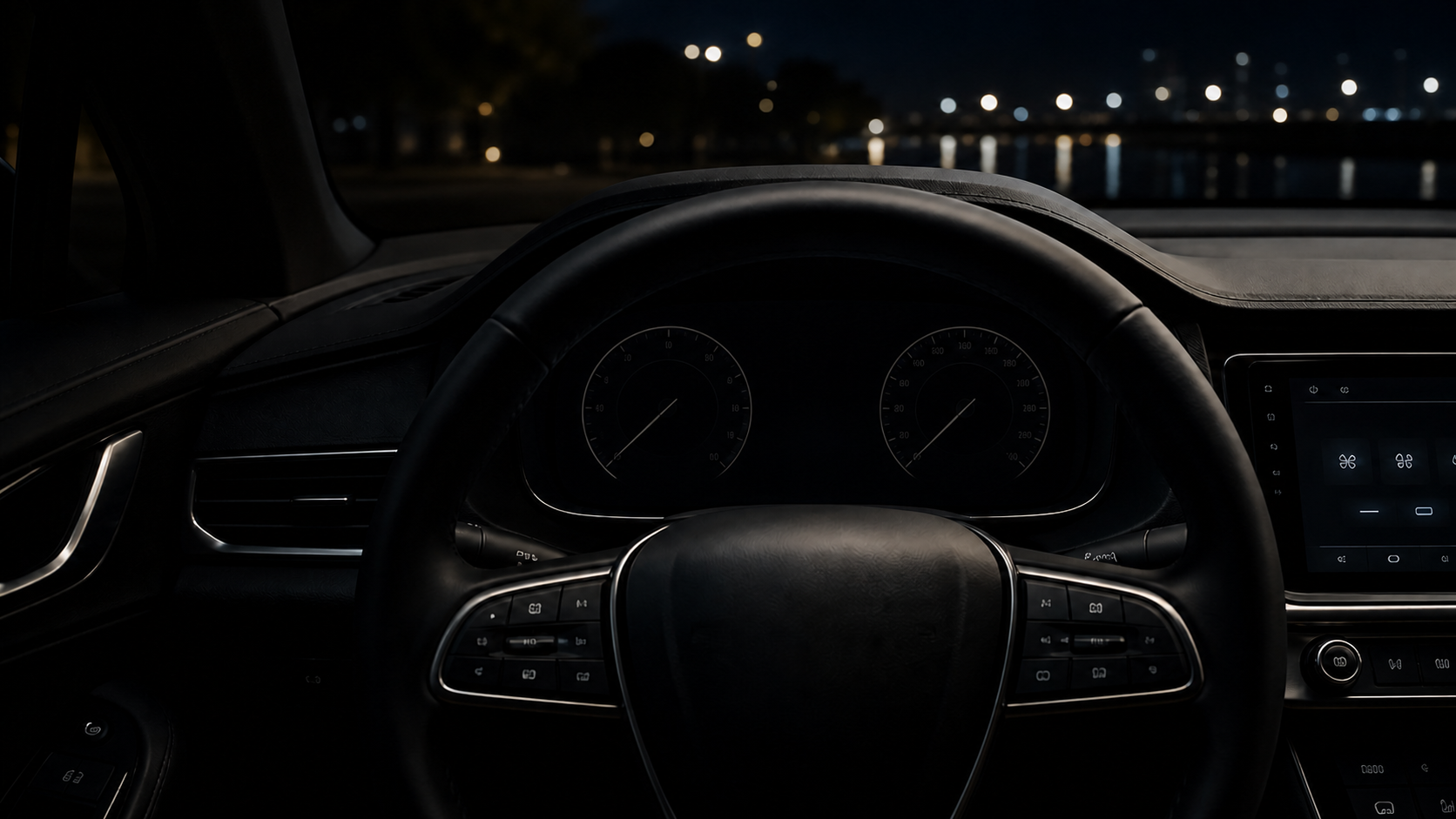 Premium-Cockpit aus Fahrerperspektive mit dunklem Instrumentenbereich