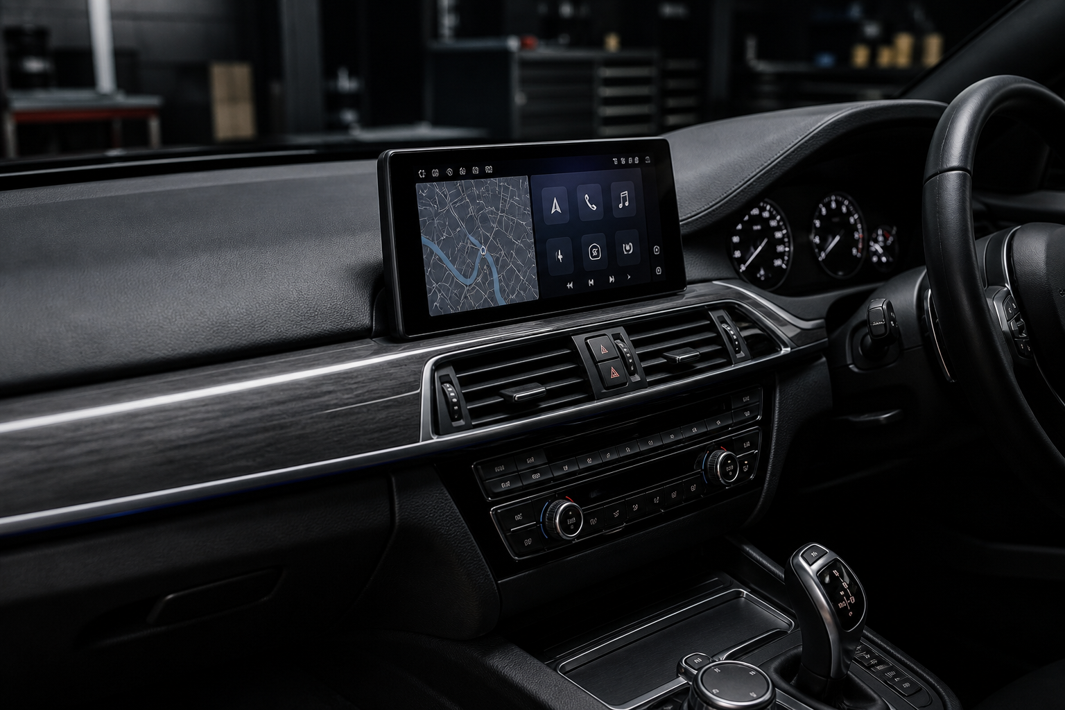 Modernisiertes Infotainment-Display, professionell in ein reales Fahrzeugarmaturenbrett integriert