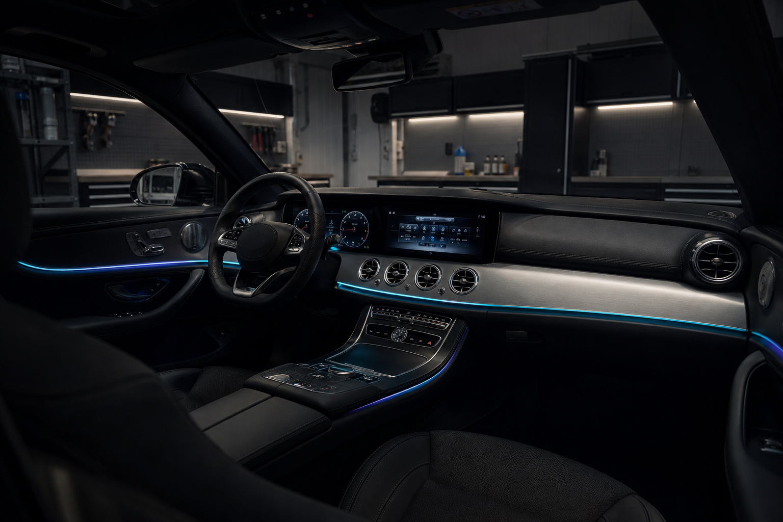 Premium-Fahrzeuginnenraum mit integrierter blau-violetter Ambientebeleuchtung