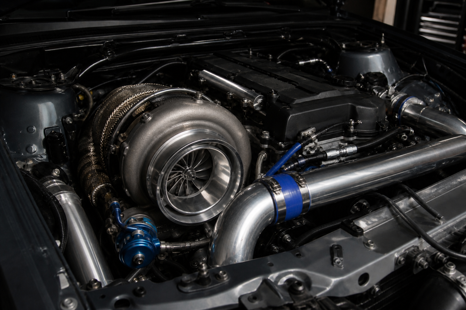 Installierter Turbolader und Leitungen in einem Performance-Motorraum