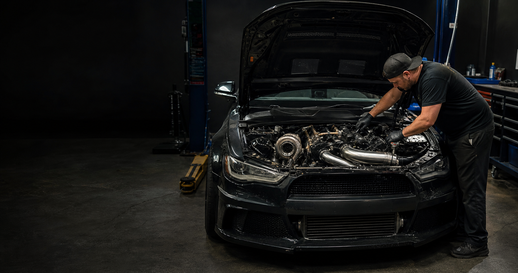 Techniker arbeitet am geöffneten Motorraum eines realen Performance-Fahrzeugs